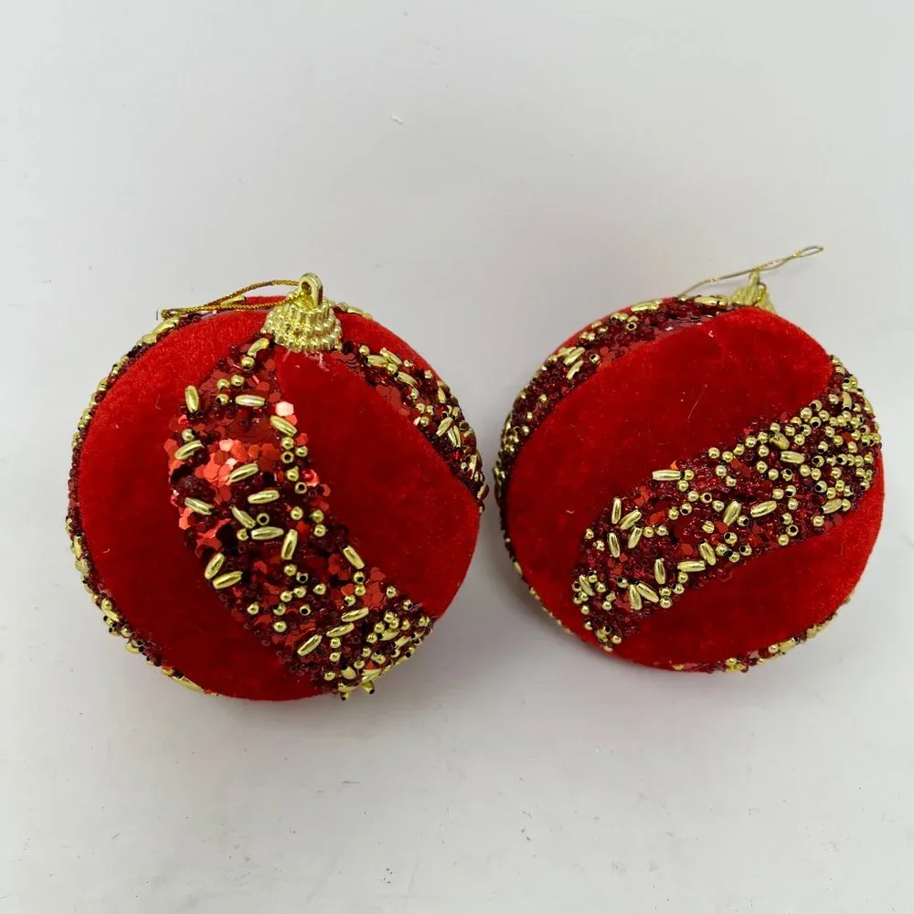 Pair Vntg Christmas Tree Ornaments Holiday Handmade Red Flocked Balls w/ Beads